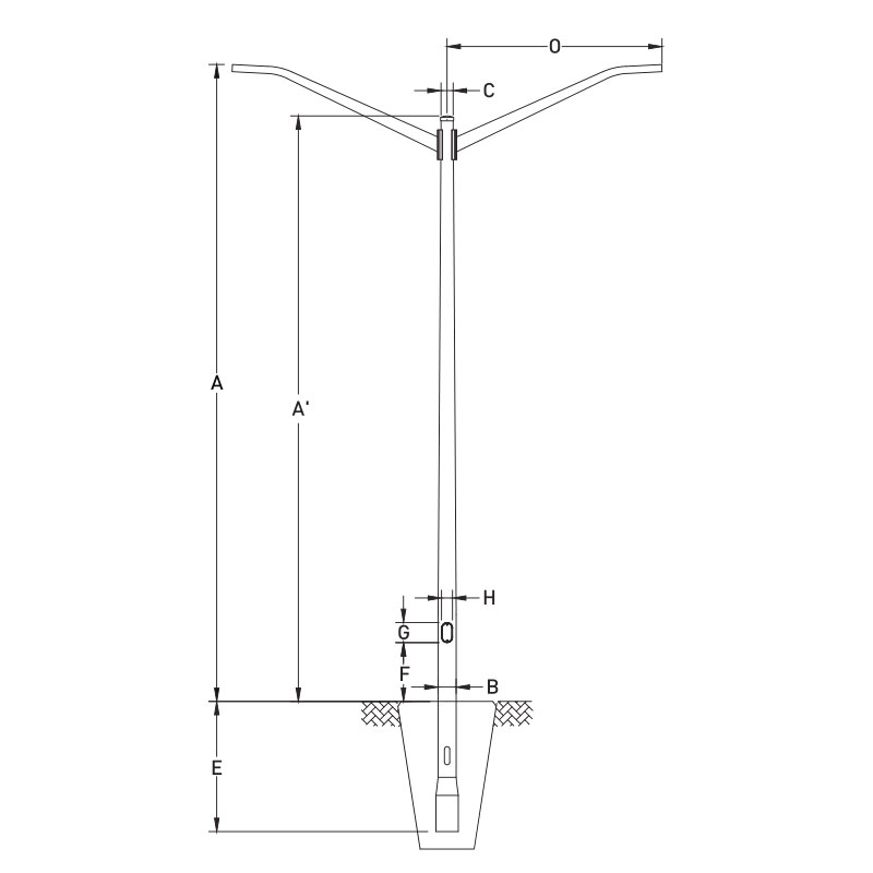 20ft-40ft Aluminum Conical Light Pole Duo Arms, Planted Mounting